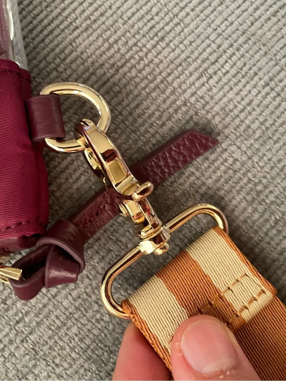 Austin / Flower Burgundy Clear Crossbody Bag with Striped Tan Strap